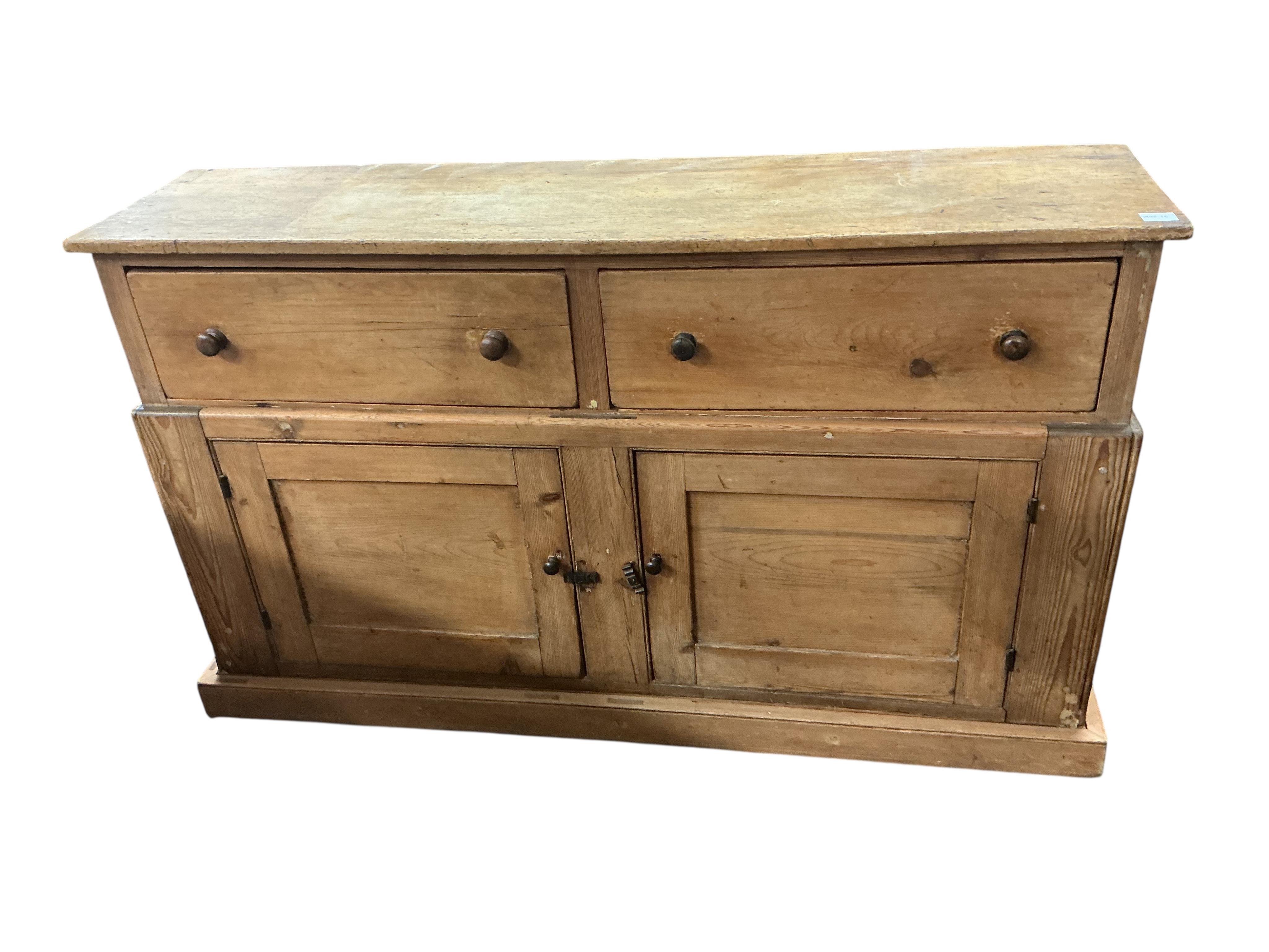 A Victorian pine low dresser, width 149cm, depth 38cm, height 89cm
